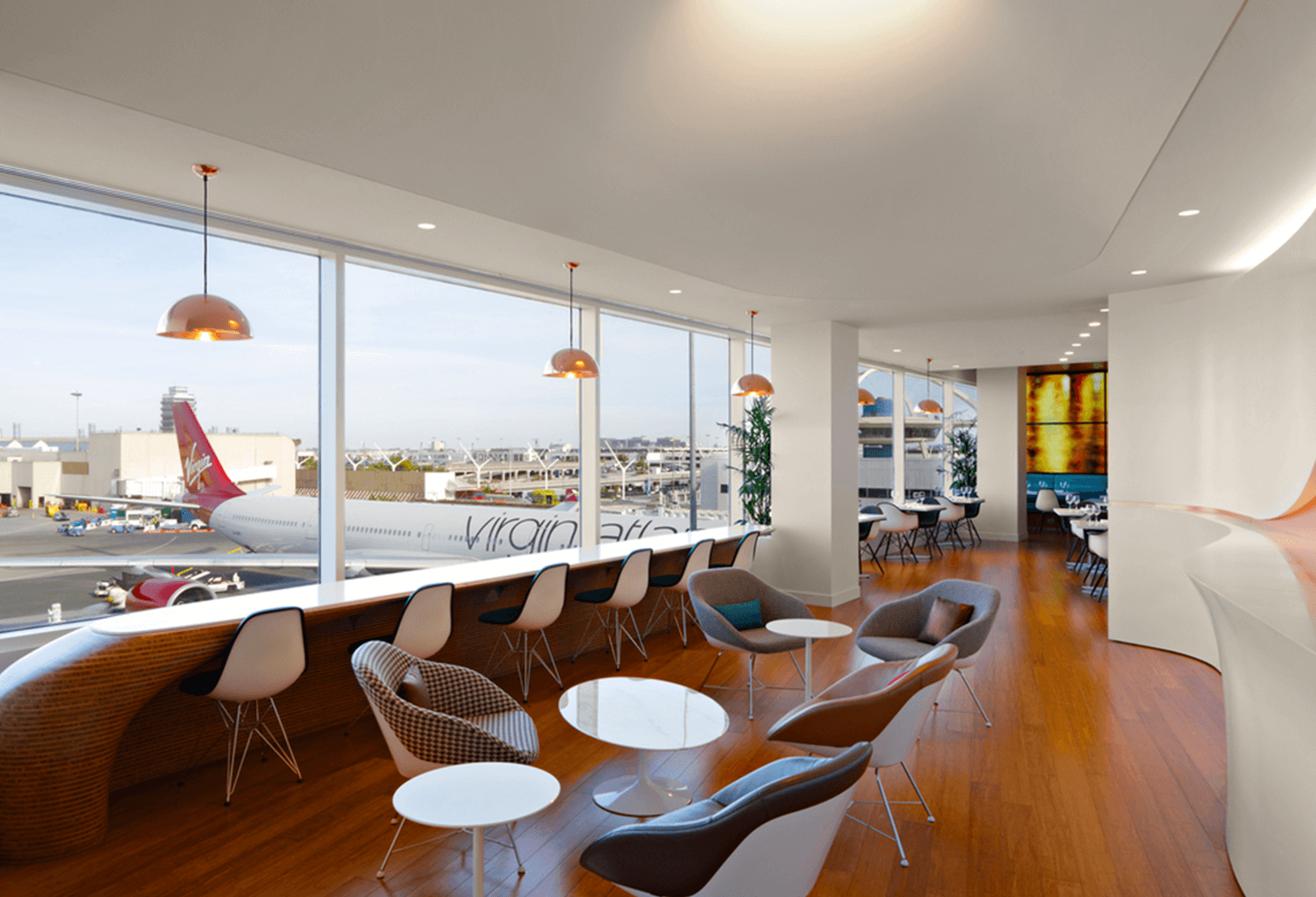 LAX Virgin Atlantic Lounge Lined With Custom Copper Dome Pendants